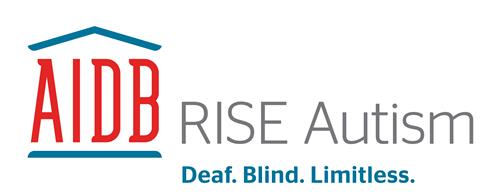 Logo stating, "AIDB RISE Autism. Deaf. Blind. Limitless."